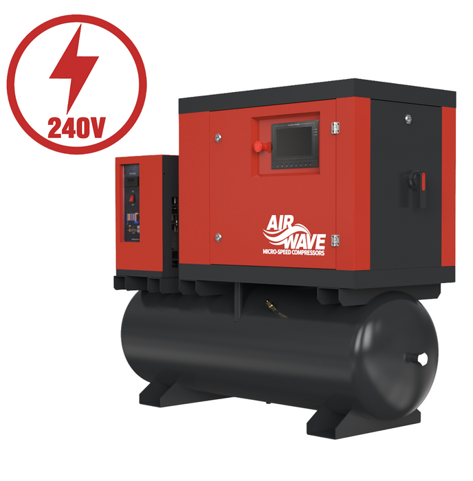 MICRO-SPEED 4kw - 10 BAR - 200 Litre - 230V Single Phase - 17CFM - Tank Mounted + Dryer